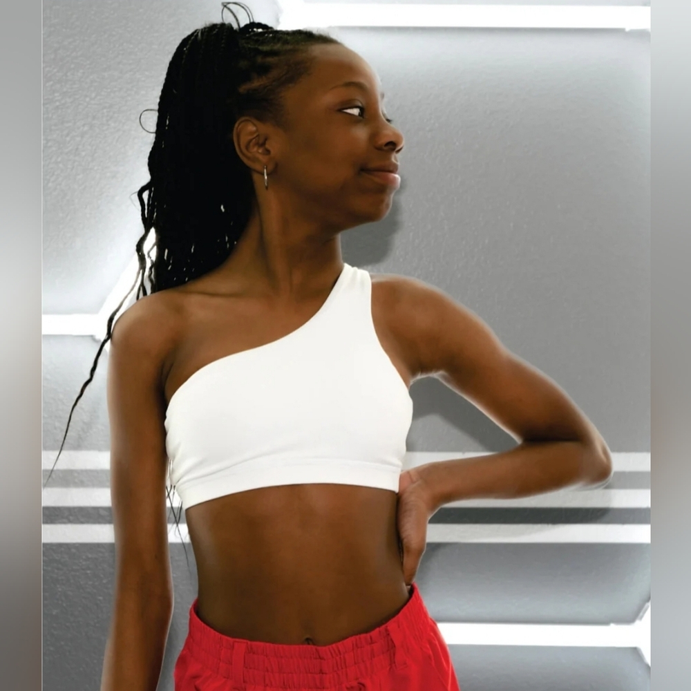 Honeycut Hola One-Shoulder Dance Bra Top, White, Adult XS